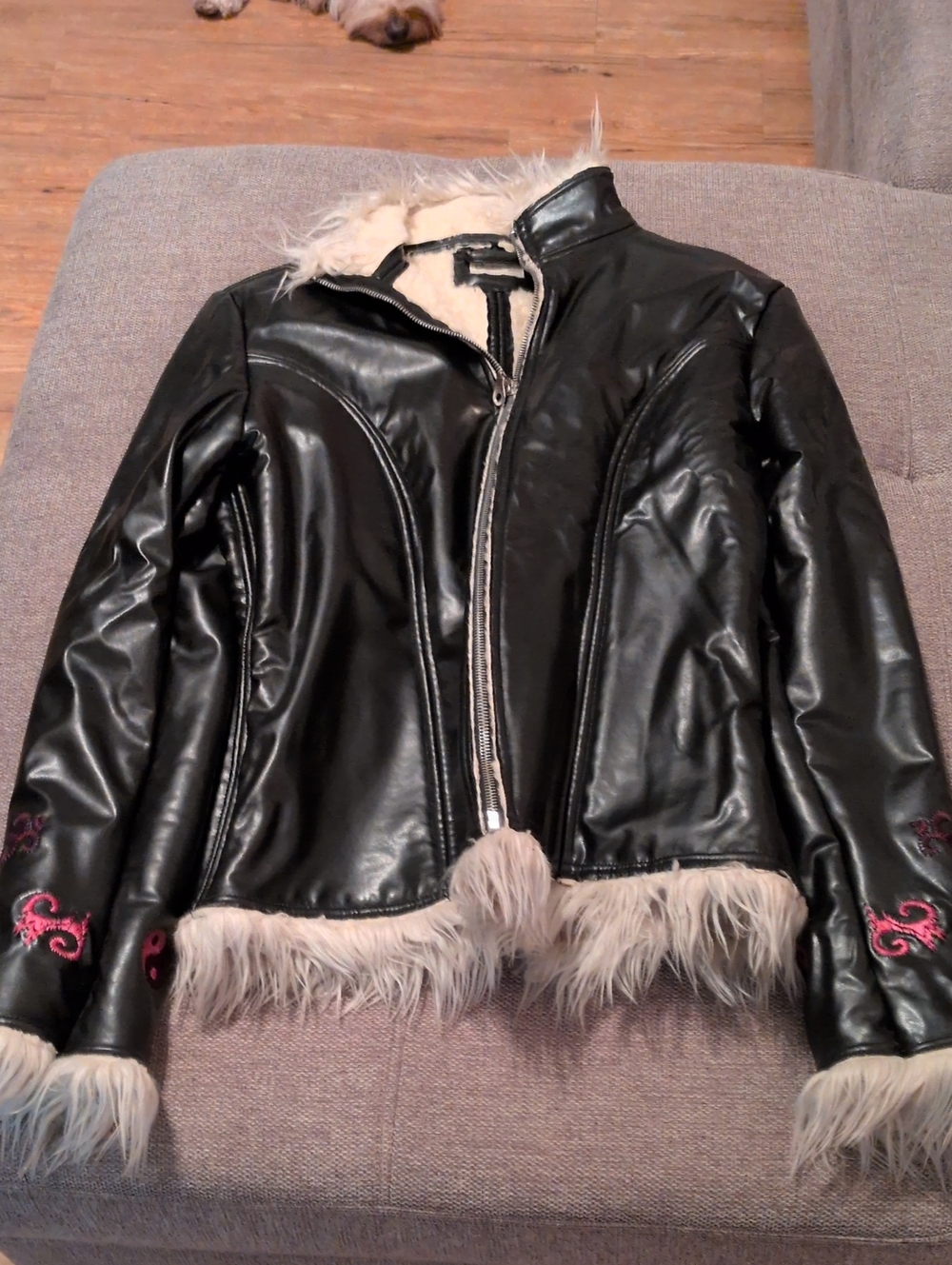 Charlotte Russe Black Faux Leather Jacket with Cream Faux-Fur Trim
